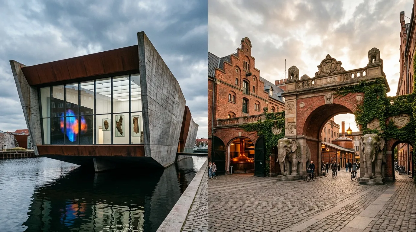 Mus&eacute;e contemporain et gate historique avec &eacute;l&eacute;phants sculpt&eacute;s