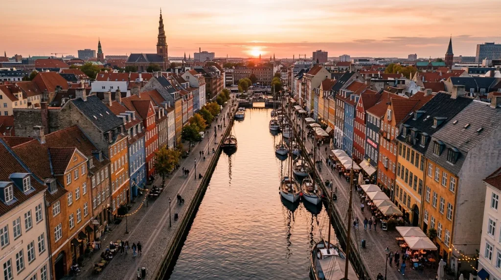Canal de Copenhague avec bateaux au coucher du soleil