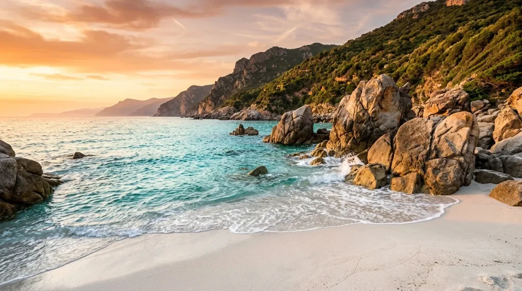 Plage méditerranéenne avec rochers, mer turquoise et falaises boisées