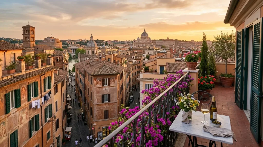 Terrasse fleurie avec vue sur la basilique Saint-Pierre à Rome