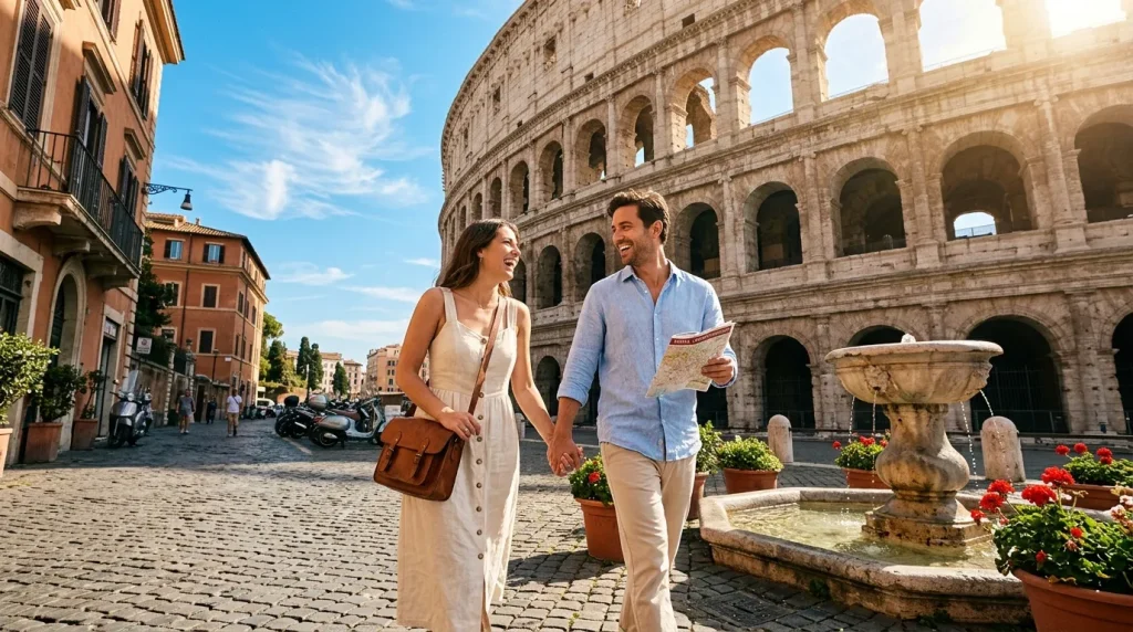 Couple visitant le Colosseum à Rome en été