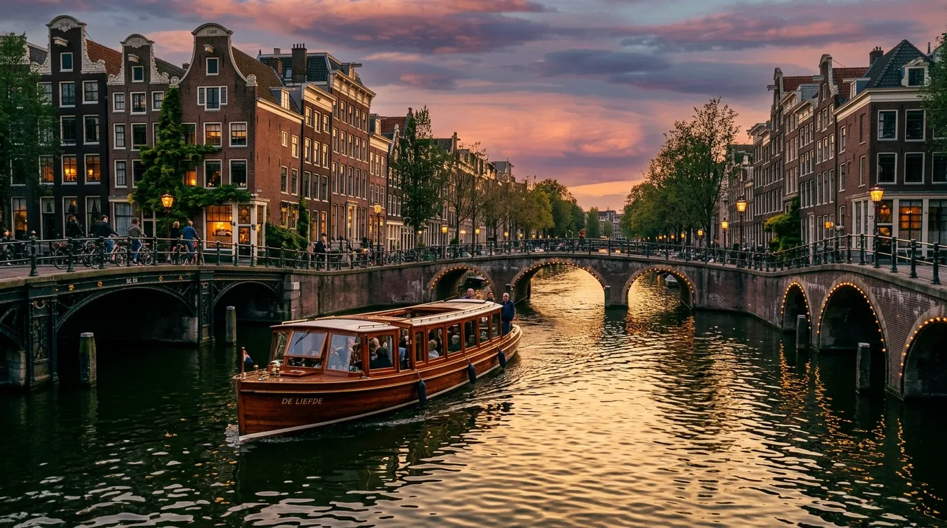 Bateau traditionnel naviguant sous pont de brique au coucher soleil