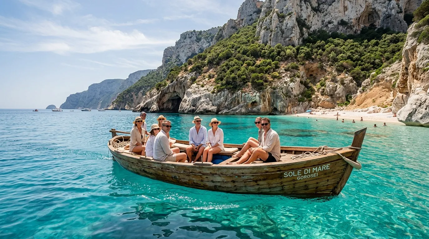 Groupe de touristes sur barque traditionnelle en eau turquoise