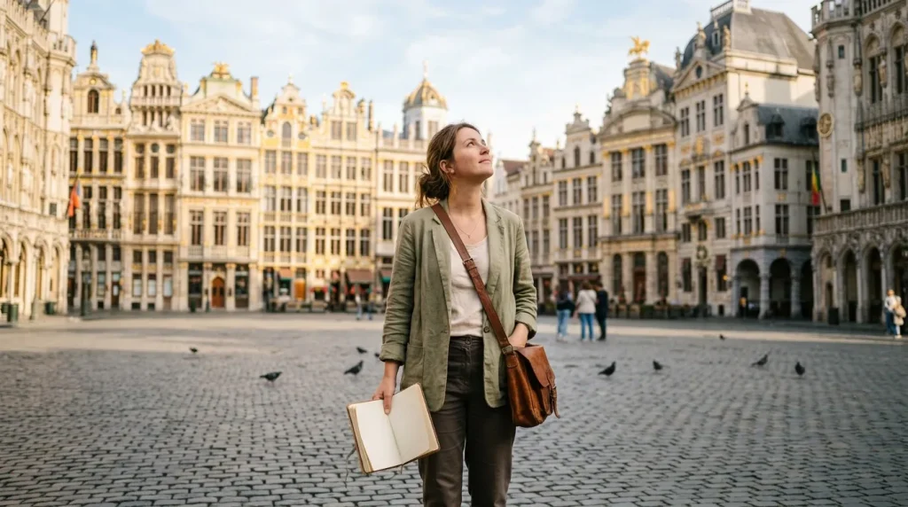 Femme voyageuse admirant l'architecture historique de la Grand-Place
