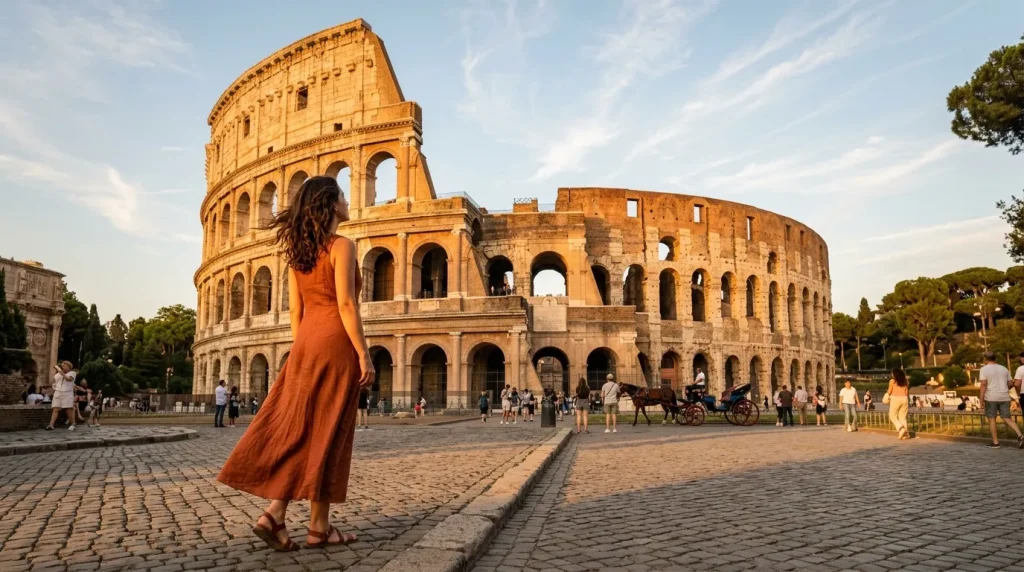 Femme en robe orange devant le Colosseum antique de Rome