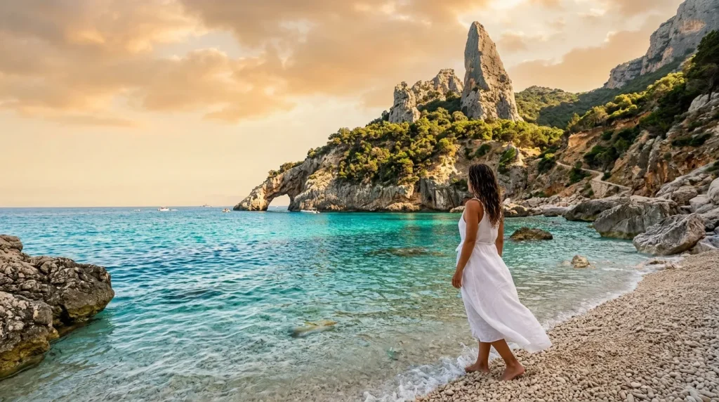 Femme en robe blanche face à la mer turquoise et rochers calcaires