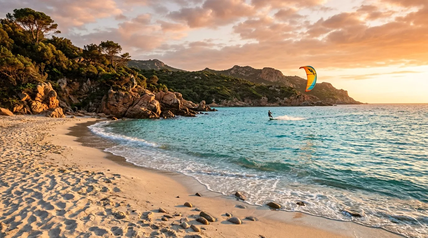 Kitesurfeur sur plage m&eacute;diterran&eacute;enne rocheuse au coucher soleil