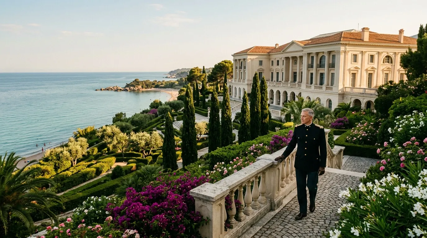 Homme en costume noir devant palais blanc face à la mer