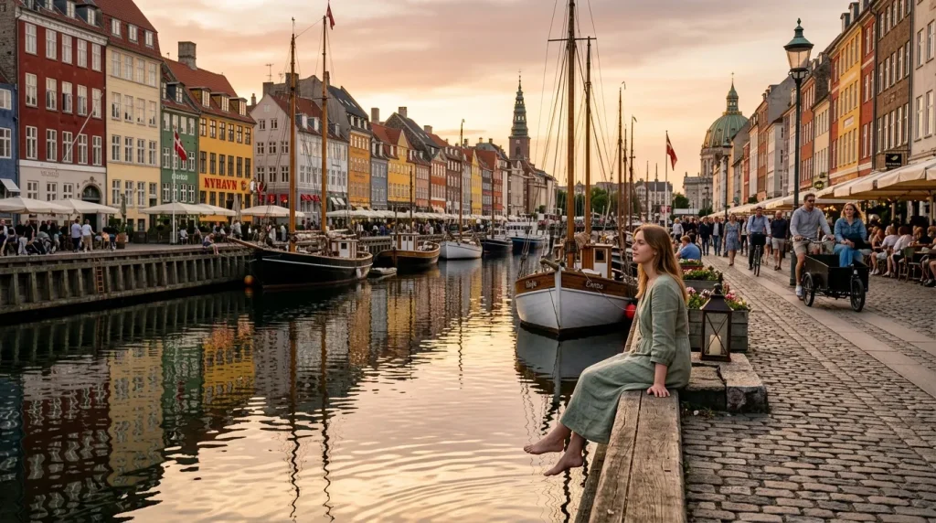 Femme assise au bord du canal Nyhavn à Copenhague, Danemark