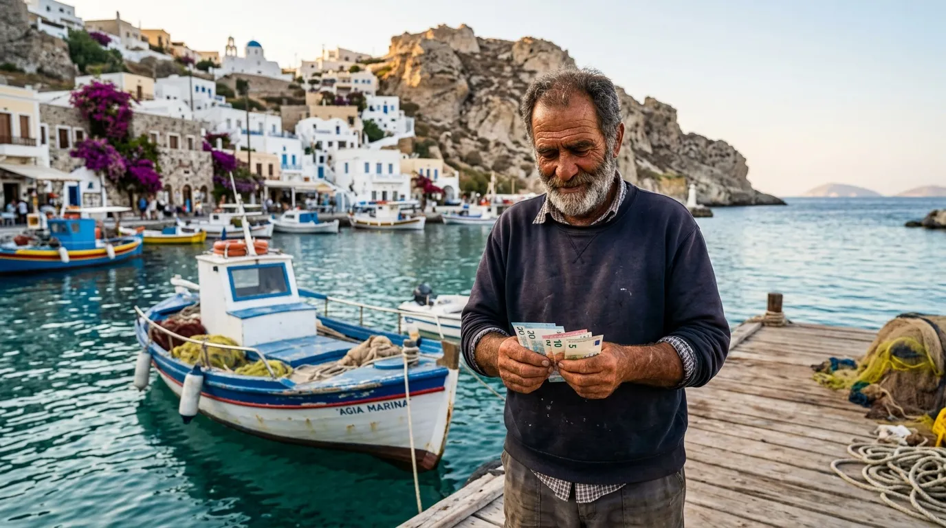 Homme pêcheur comptant de l'argent au port méditerranéen