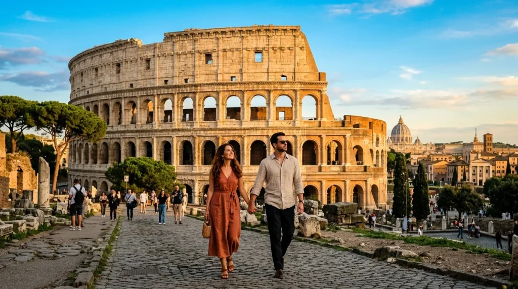 Couple marchant devant le Colosseum à Rome