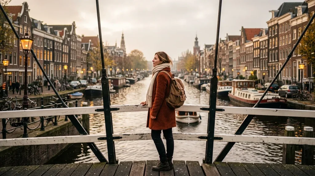 Femme observant les canaux d'Amsterdam depuis un pont