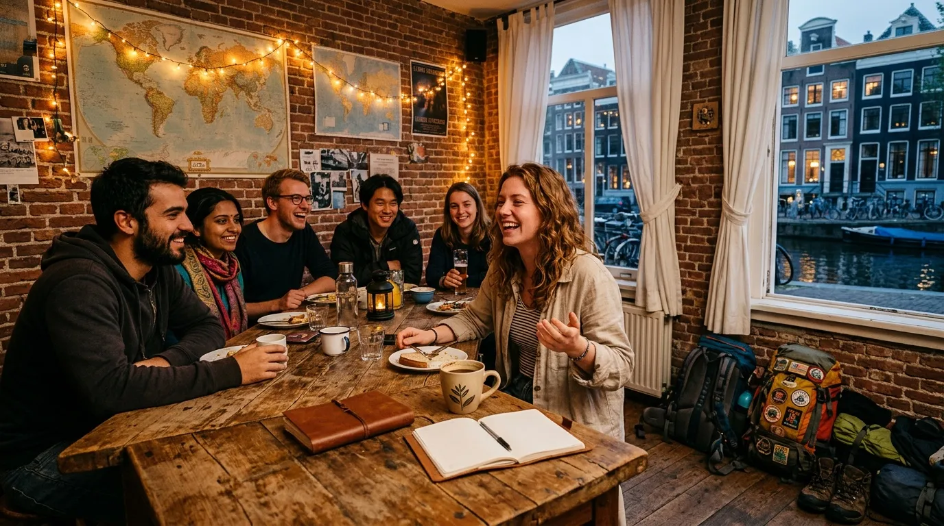 Six jeunes adultes rient autour d'une table en bois rustique