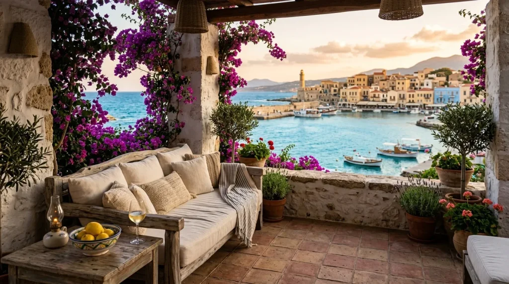 Terrasse blanche surplombant la mer avec fleurs violettes