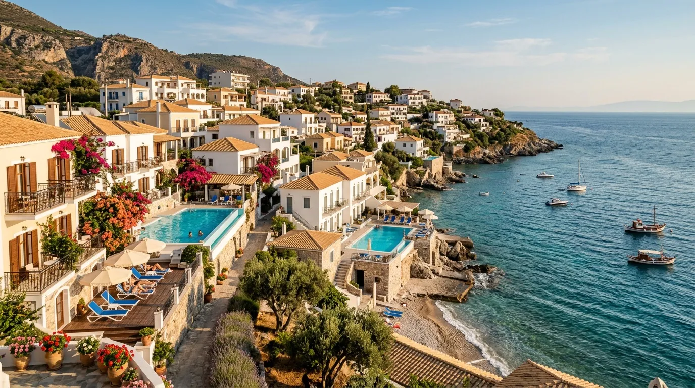 Village blanc avec piscines surplombant la mer bleue