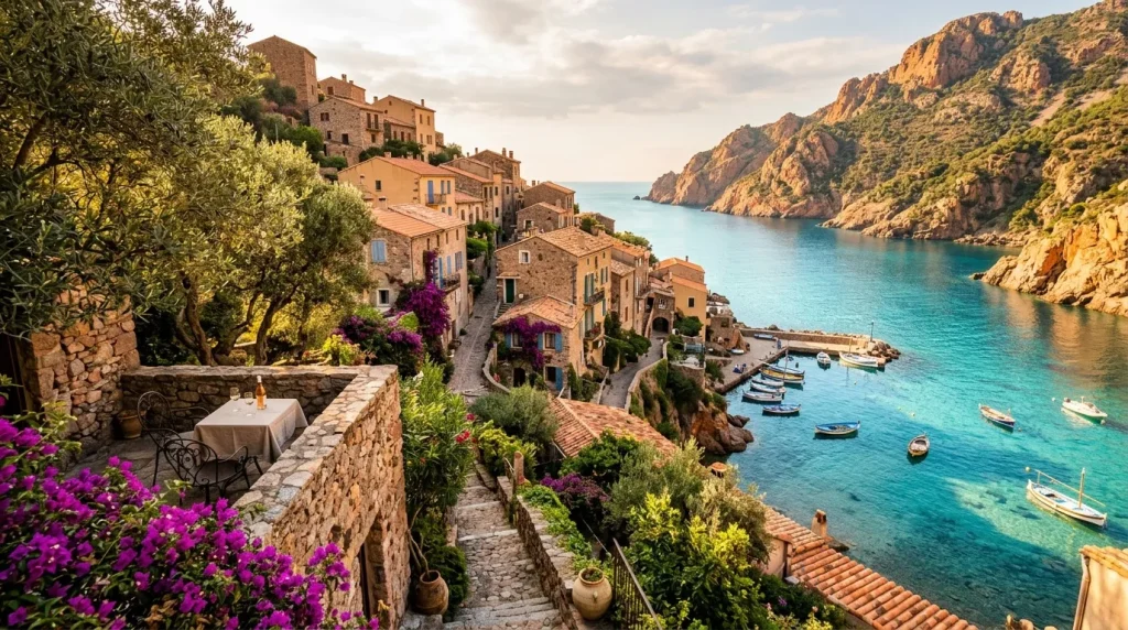 Village italien côtier avec maisons, fleurs et mer turquoise