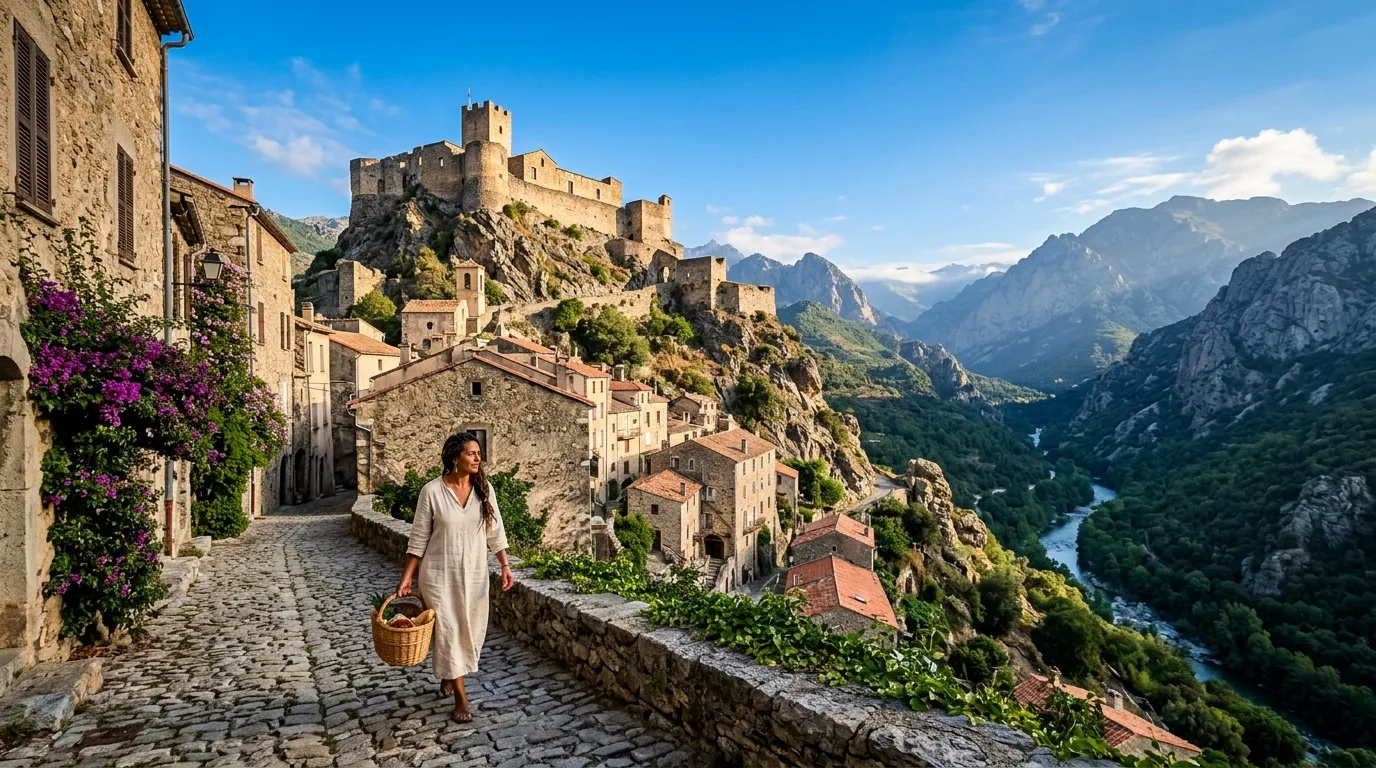 Femme dans village historique avec château et vallée