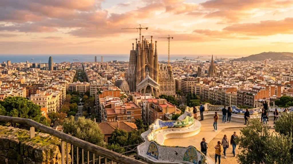 Vue aérienne de Barcelone avec la Sagrada Familia au coucher soleil