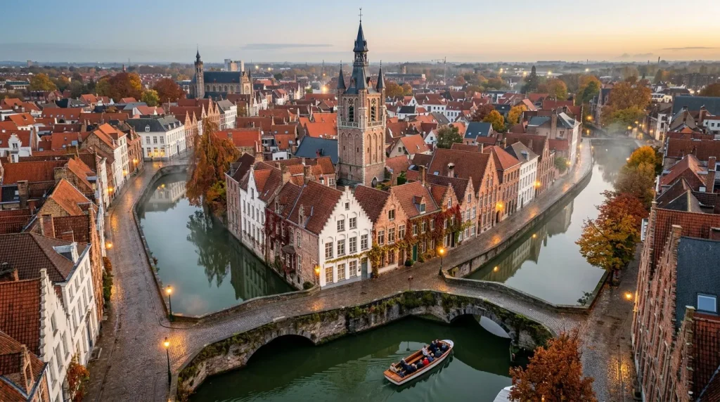 Vue aérienne de Bruges avec canaux, ponts et architecture médiévale