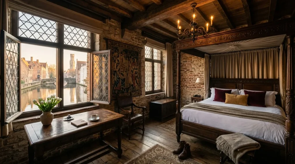 Chambre historique luxueuse avec lit à baldaquin surplombant un canal.