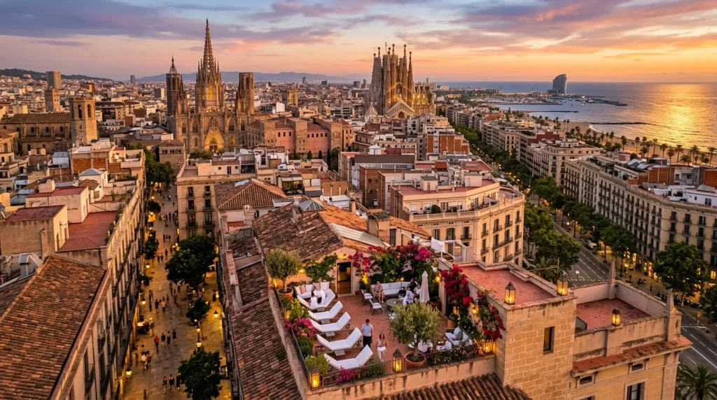 Vue aérienne de Barcelone au coucher du soleil avec la Sagrada Familia