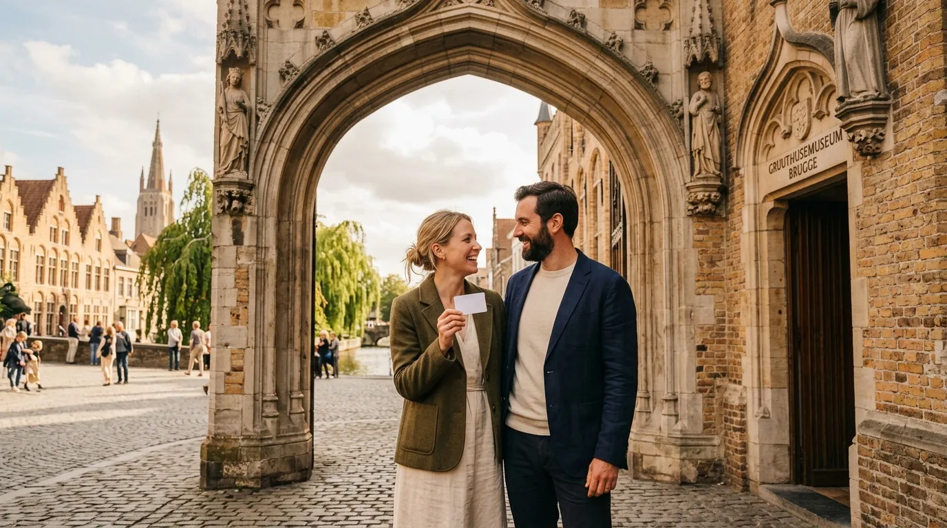 Deux personnes sourient sous une arche gothique à Bruges