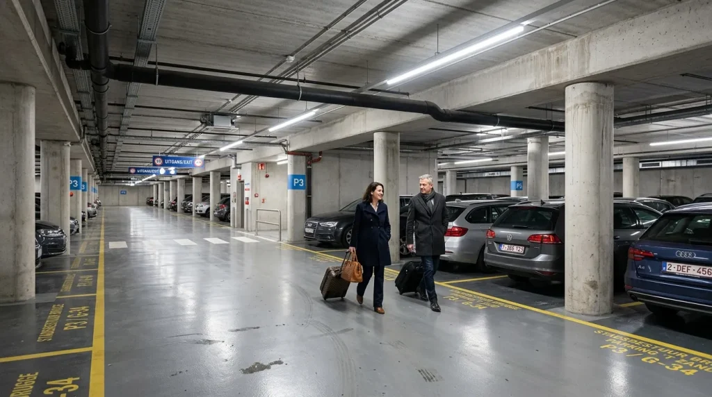 Couple avec bagages marchant dans parking souterrain moderne éclairé