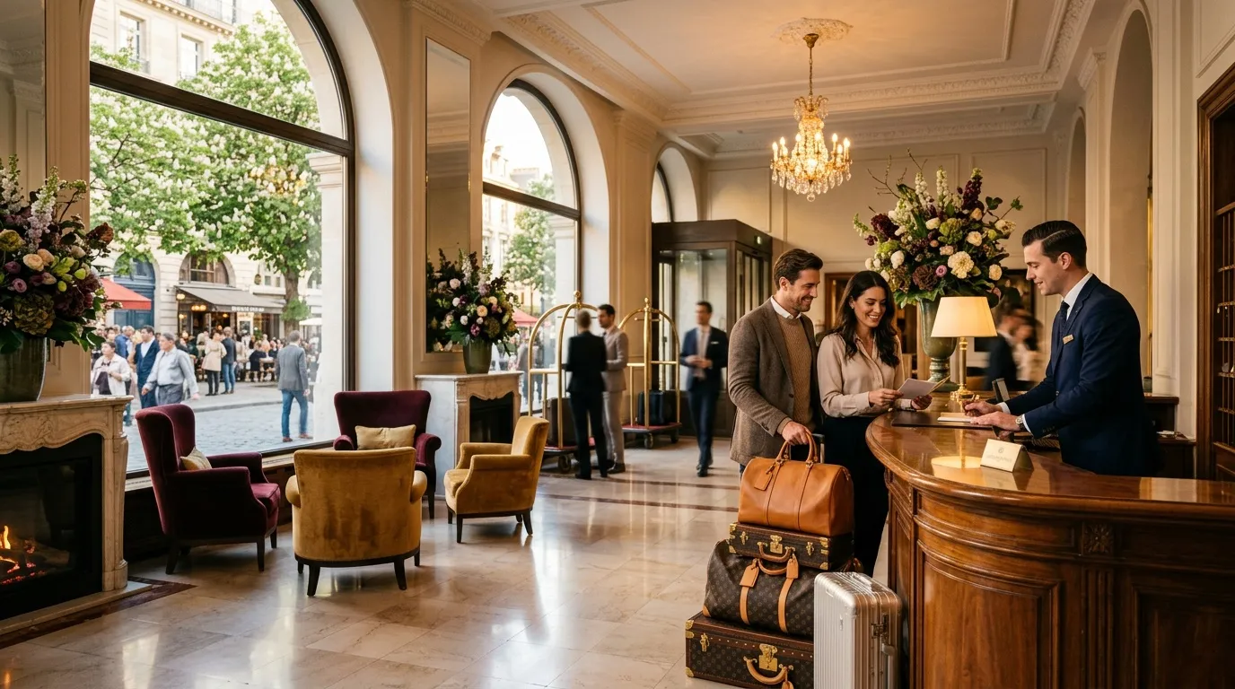 Couple à la réception d'un hôtel de prestige avec bagages