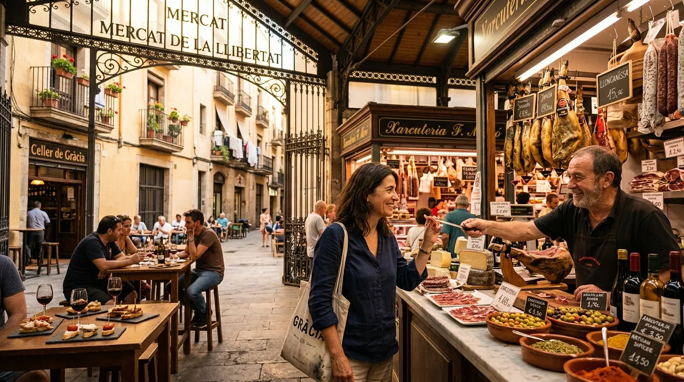 Femme d&eacute;gustant des sp&eacute;cialit&eacute;s ib&eacute;riques au march&eacute; couvert