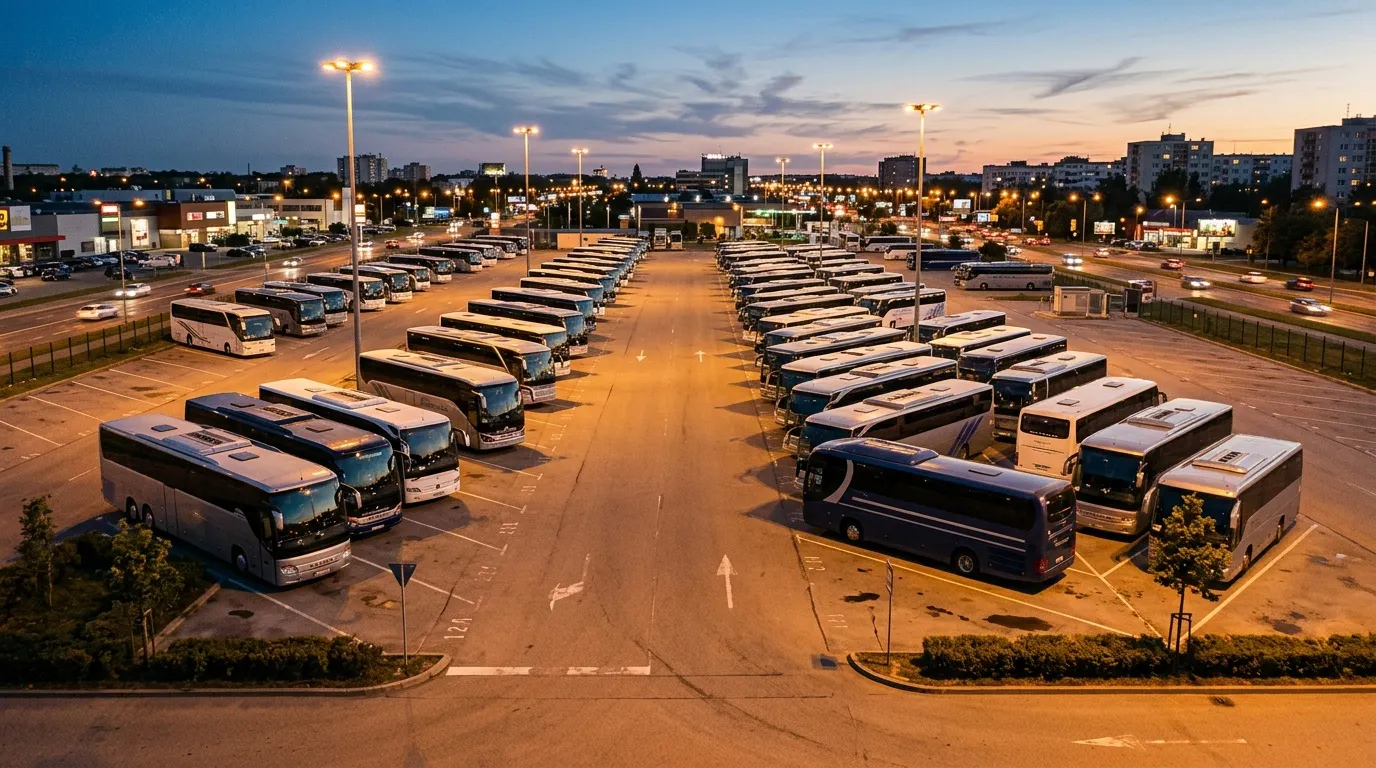 Rang&eacute;es de bus stationn&eacute;s dans un parking illumin&eacute; la nuit