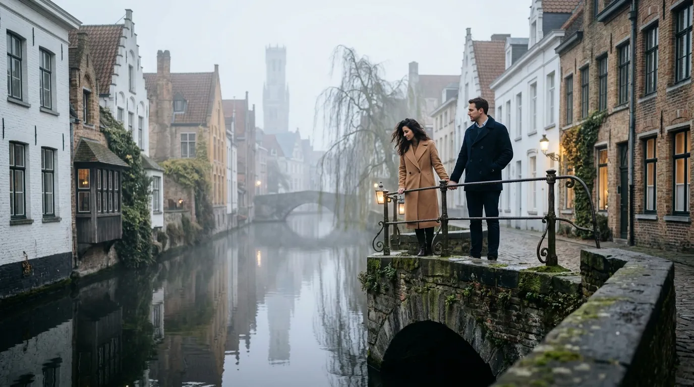 Couple marchant sur un pont médiéval dans une ville historique brumeux