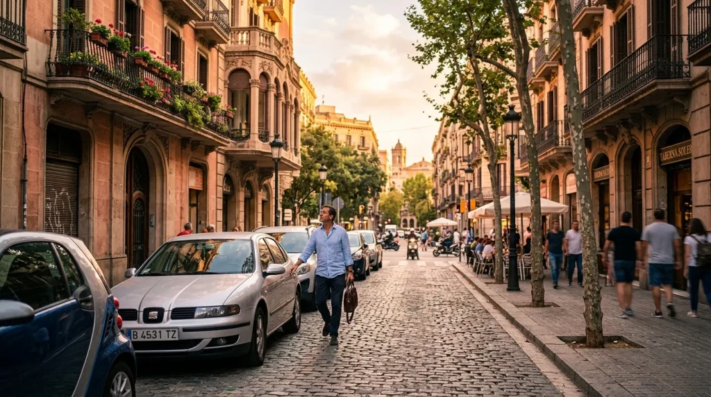 Homme marchant dans une rue pavée européenne historique bordée d'immeubles.