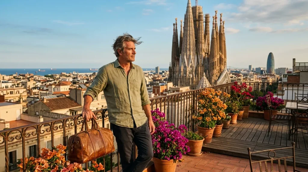 Homme avec valise sur terrasse barcelonaise, Sagrada Familia en arrière-plan